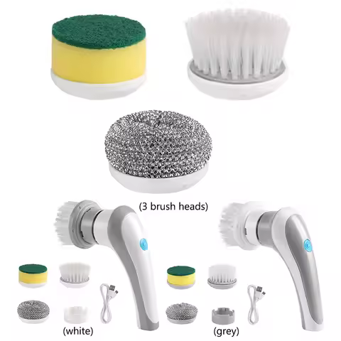 Electric Clean Brush Multifunctional Kitchen Home Cleaning Brush 3 Replaceable Brush Heads Bathroom 