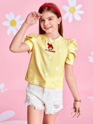 HELLO KITTY AND FRIENDS | SHEIN 花邊膨脹袖短袖tween女孩卡通和花卉印花t恤