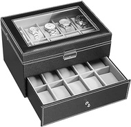 Watch Box Men's 20 Slots Watches Organizer Double Layer Metal Buckle Jewelry Display Cabinet with Acrylic Glass Top Black Leatherette Present elegant