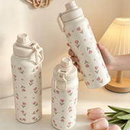 1pc 600ml/20.29oz 800ml/27.05oz 1000ml/33.82oz Spring Flower Double-Wall Stainless Steel Insulated T
