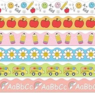 JarThenaAMCS 69 Ft Groovy Pastel Bulletin Board Border 60Pcs Border Trim Bus Daisy Pencil Apples ABC