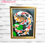 Lukisan Ikan Koi Fengshui 9 Ekor Unik Minimalis Kanvas Ukuran 60x80 Cm Lenkap Dengan Frem