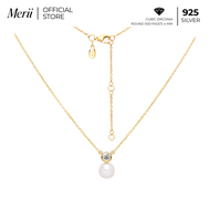 Merii สร้อยคอเงินชุบทองคำ 23K หรือชุบโรเดียม ประดับไข่มุกน้ำจืดและ CZ ทรง Round Cut สไตล์คลาสสิก