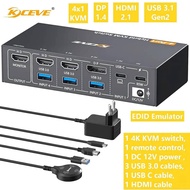 KCEVE 4K/8K KVM Switch 1 Monitors 4 Computers USB-C/HDMI/DP,EDID Emulator USB 3.0 KVM Switch 4 Port 
