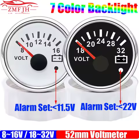 7 Color Backlight 52mm Voltmeter with Alarm 8~16V VOLTS 18~32V Voltage for Petrol Diesel Automobile 