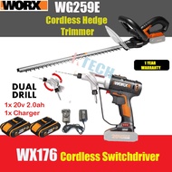 WORX COMBO KIT WG259E CORDLESS HEDGE TRIMMER C/W WX176 SWITCHDRIVER