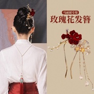 Rose Hairpin Red U-Shaped Hairpin Wedding Hair Accessories Chinese Style Xiuhe Bridal Horse Face Ski