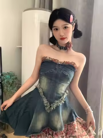 2026 New Design Sense Patchwork Uneven Denim Spring Summer Frayed Strap Dress Women High-End Short S