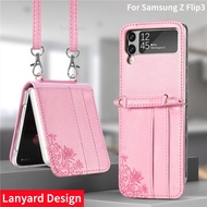 Leather Case for Samsung Galaxy Z Flip3 Flip4 5G With Lanyard Card Holder Design Phone Cover for Samsung Galaxy Z Flip 3 4 5G Casing