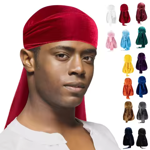 Men Velvet Durag Solid Color Long Tail Bandana Wave Cap Soft Velvet Head Wrap For Braids Dreadlocks