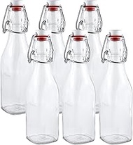 Estilo Swing Top Easy Cap Clear Glass Bottles, Round, 8.5 oz, Set of 6. Standard Size, Flip Top Bott