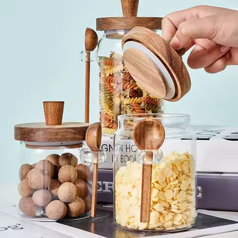 Glass Sealed Jar Five Grains Coffee and Tea Storage Can with Wooden Spoon Seasoning Bottle Kitchen M