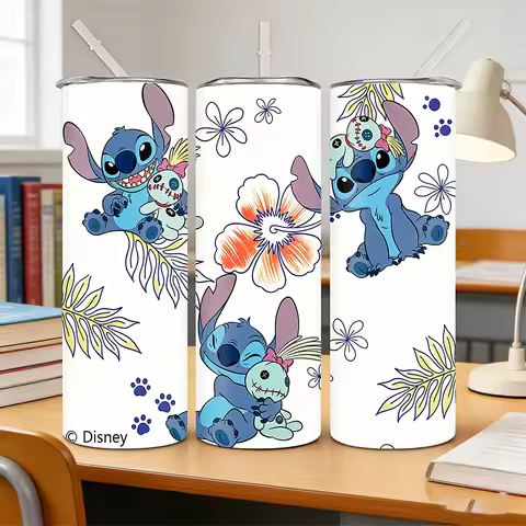 1pc 20oz Stitch & Scrump Tropical Floral Print Stainless Steel Tumbler, Insulated Travel Mug with Li