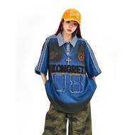 Afraid of Trouble Denim Polo Shirt - Loose Fit for Women - Retro Summer Casual Wear