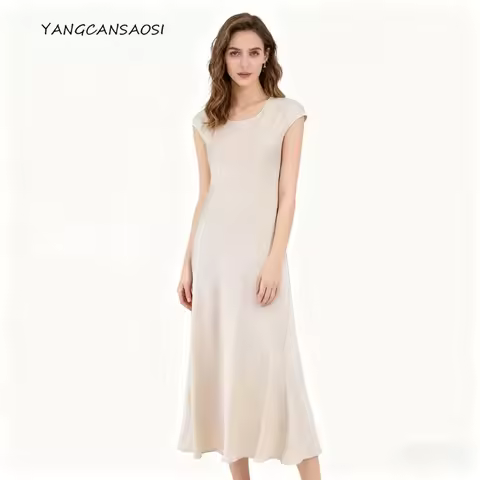 Women's Fashionable Summer Clothing Temperament 100% Natural Mulberry Silk Satin Round Neck Rice Ski