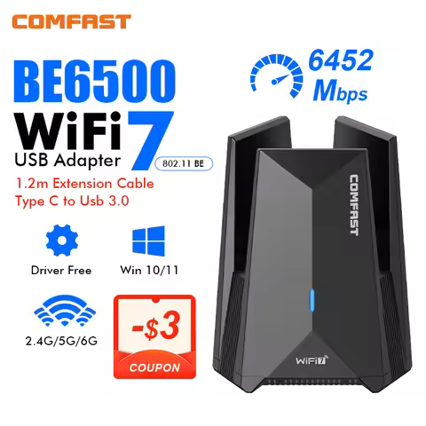 Comfast BE6500 Wifi 7 Usb Adapter 6Ghz/5G/2G Adaptador Wifi7 Cle USB3.0 Receiver Antena Para PC Netw
