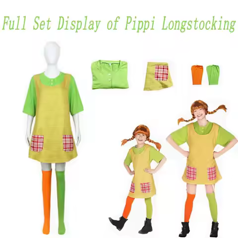 Pippi Longstocking Cosplay Costume Full Set Green T-Shirt Apron Colorful Stockings Halloween Book Ch