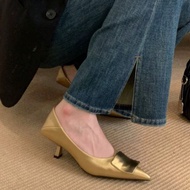 2025 Spring/Autumn New French Pointed Toe High Heel Shoes, Metal Buckle Accent, Slim Heel, Work Shoe