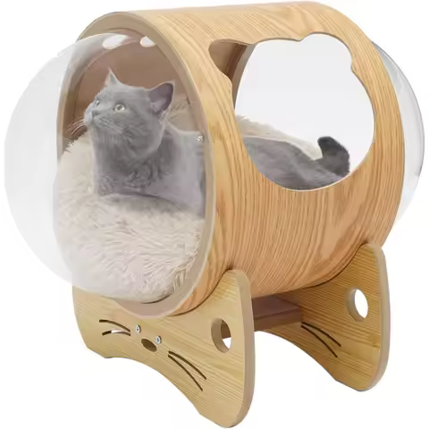 Luxury Cat Pod Bed, Wooden Frame with Clear Acrylic Dome & 3.9" Thick Cushion, Supports 18.7lb Pets 