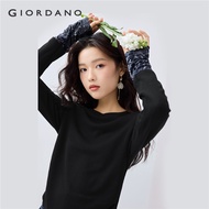 GIORDANO Women T-Shirts Snake Grain Patchwork Fake 2-Piece Tee Boat Neck Long Sleeve Simple Fashion