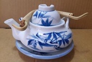 早期香山窯手繪竹花土瓶蒸茶壺湯壺-壺 杯及盤
