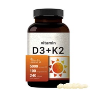 Vitamin D3 + K2 Soft Capsules | 5000 IU D3 + 100 mcg K2 | Coconut Oil Base | 240 Capsules | Dietary 
