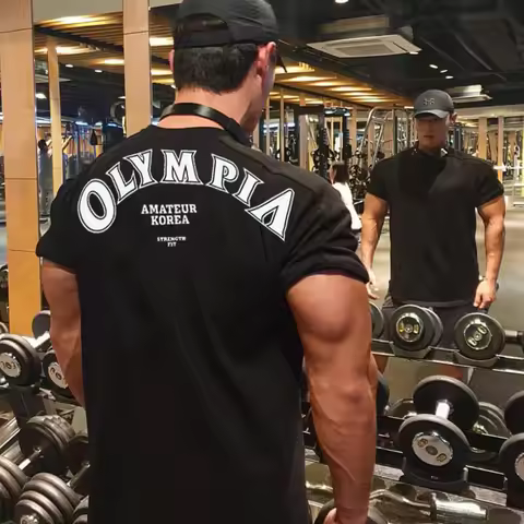 OLYMPIA Cotton Gym Shirt Sport T Shirt Men Short Sleeve Running Shirt Men Workout Training Tees Fitn