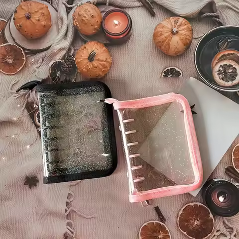 A7 Black Pink Zipper Binder Photo Card Collection Book Postcard Organizer Diary Notebook School Stat