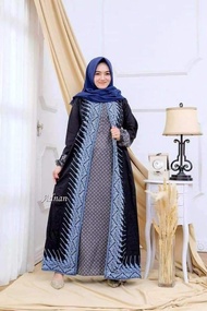 baju gamis batik wanita terbaru kombinasi polos jumbo modern kekinian - modang biru xxl