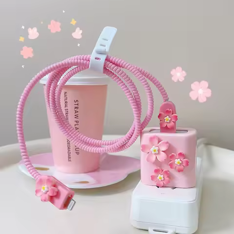 Cute Flower Soft Silicone Charger Protective Case For Apple iPhone 18W/20W US Charger Cover Cable Wi