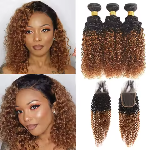 Ombre Highlight Kinky Curly Human Hair Bundles with Closure T1B/30 Color Kinky Curly Human Hair Bund