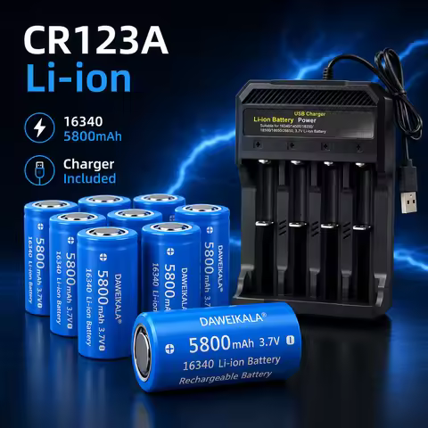 3.7V 16340 RCR123A Rechargeable Li-ion Batteries 5800mAh with Wall Travel Charger for LED Flashlight