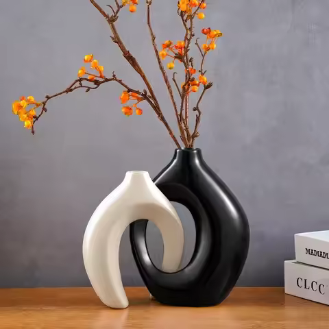 Hollow Nordic Modern Vase Set of 2 Plastic Imitation Ceramic Hollow Flower Vases for Modern Home Dec
