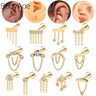 Bodyace 1 Pc Gold Lobe Chain Helix Crystal Stud Internal Thread Body Piercing Stainless Steel 16G