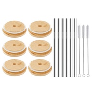 ☺6Pcs Mason Jar Lids With Straw Hole Cup Lid Coffee Mug Jar Glass Cans Wooden Lid Bottle Bamboo a☌
