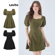 【In stock】Lovito Vintage Plain Button Front Short Sleeves A-Line Mini Dress for Women L49ED109 WITN 