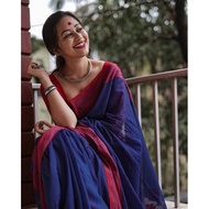 Amazing Mul mul saree peacock Blue and red with saree blouse