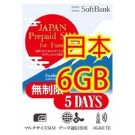日本5日(6GB 4G)之後無限上網卡電話卡SIM卡data《每日1.2GB後降速》