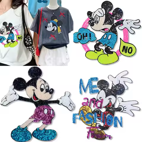 Disney Large Mickey Mouse Ironing Patch Mickey Mouse Sequin Embroidery Sticker DIY Children's Decor 