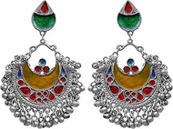 Indian Antique Silver Oxidized Afghani Gypsy Banjara Boho Designer Ethnic Ghungroo Bells Enamel Dangle Jhumka Jhumki Earrings Yellow, alloy, No Gemstone