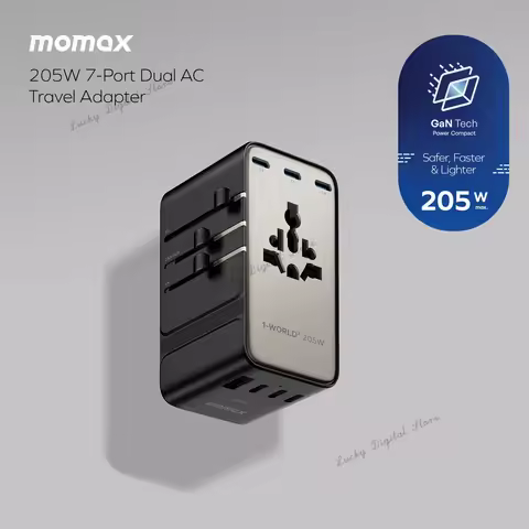 MOMAX 1-World² 205W 7-Port Dual AC Travel Adapter GaN Charger International Travel Plug for Global T