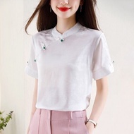 Chinese Style Jacquard Short-Sleeved Shirt Womens Summer Wear New Design Sense Versatile Slimming Retro Cheongsam Frog Button Top