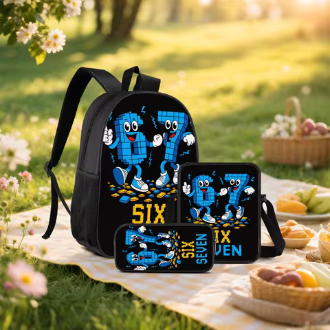 Blue Pixel Cartoon Number 3-Piece Backpack Set with Crossbody Bag Pencil Case for School Travel Dail