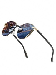 一片式男式金屬偏光太陽眼鏡，男女適用，黑色，復古風格，防紫外線太陽眼鏡