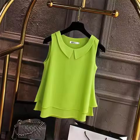Women's Lime Green Peter Pan Collar Sleeveless Chiffon Blouse Double Layer Hem Casual Top