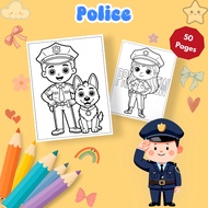 Set of 50/25 sheets of coloring pages, coloring pages for children with Police theme on A4, A5 paper