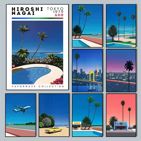 Hiroshi Nagai Vaporwave Japan Beach City Summer Wall Art Canvas Painting Prints Posters Wall Picture