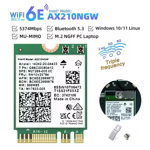 WiFi 6E for Intel AX210 Bluetooth 5.3 M.2 Wireless Card AX210NGW 2.4Ghz 5Ghz 6Ghz 5374Mbps 802.11ax 