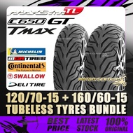 TAYAR CONTINENTAL,MICHELIN,DELI/SWALLOW TUBELESS TYRE URBAN GRIP 120/70-15+160/60-15 YAMAHA TMAX,SYM