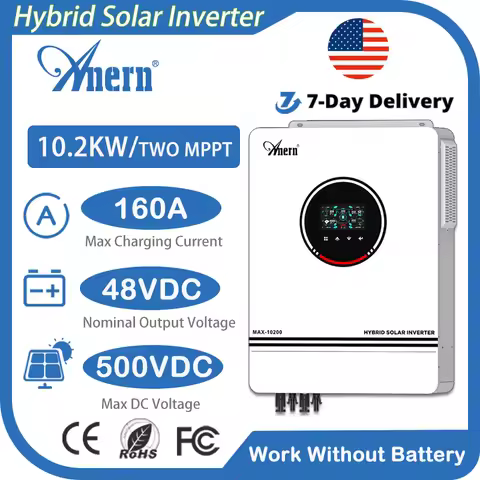 Anern 10.2KW/6.2KW Hybrid Solar Inverter Build-in MPPT 160A 12V/24V/48V Solar Battery Charge Control